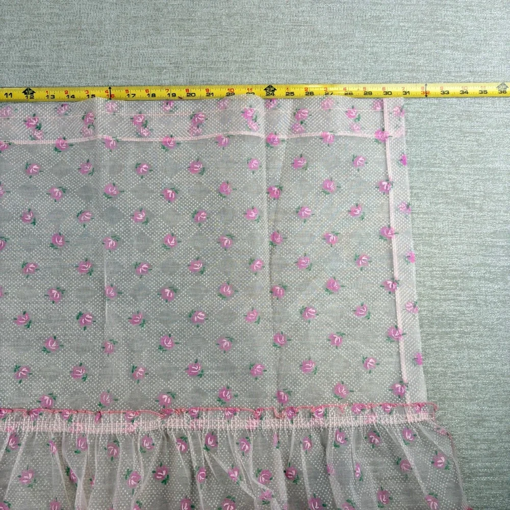 3 Vintage 70s Ruffle Mesh Curtain Valance Panels Pink Rose Floral Point Desprit